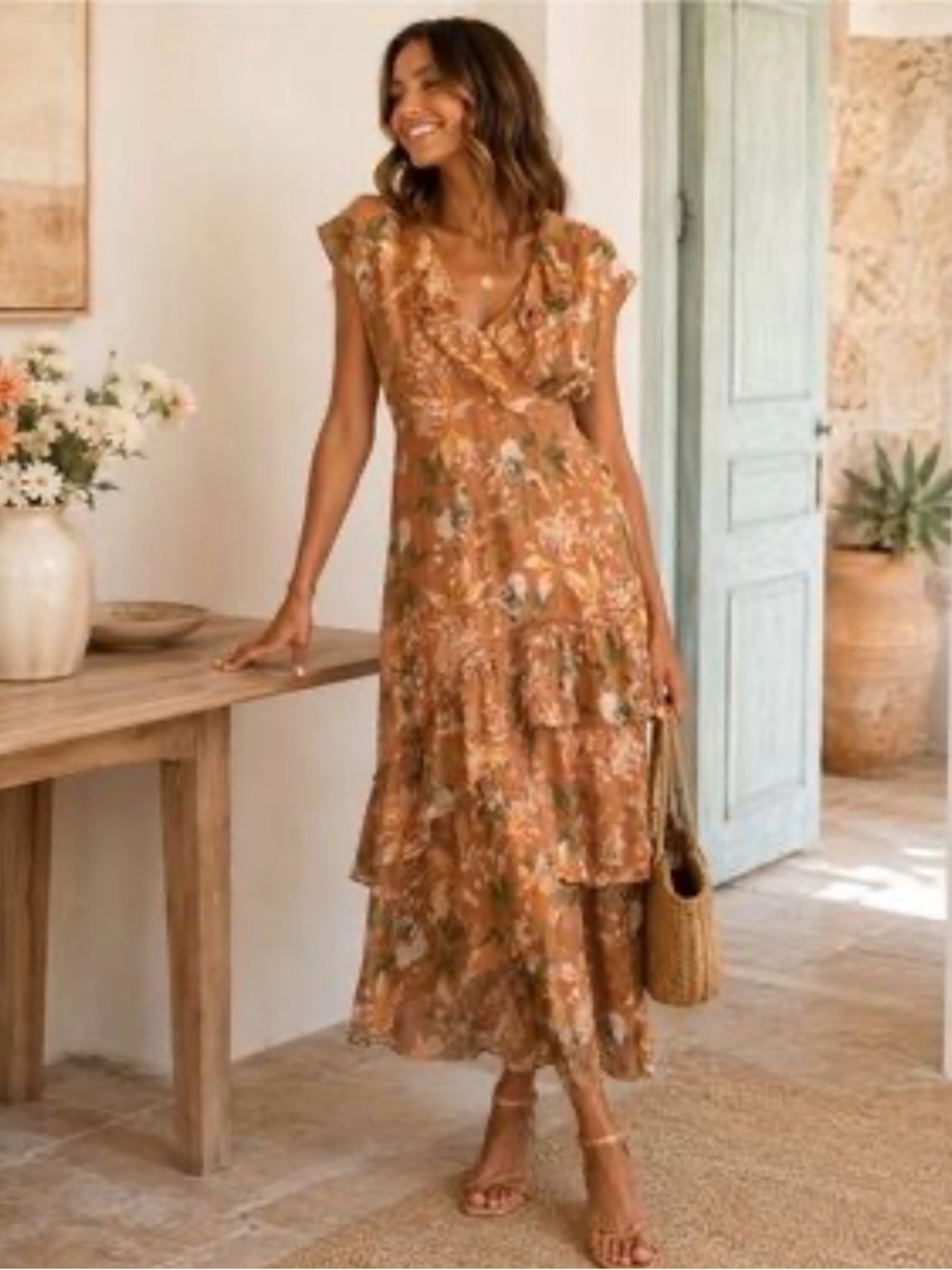 Sundance, Floral Ruffle Wrap Dress in Rust Orange, 4P